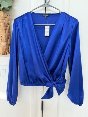 Express Women's Cobalt Blue Satin Wrap Tie Blouse
